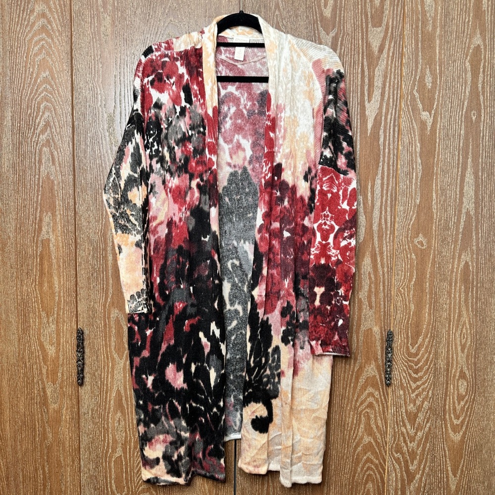 Chico's Red Black Abstract Floral Longline Open Front Cardigan Sweater Size 3
